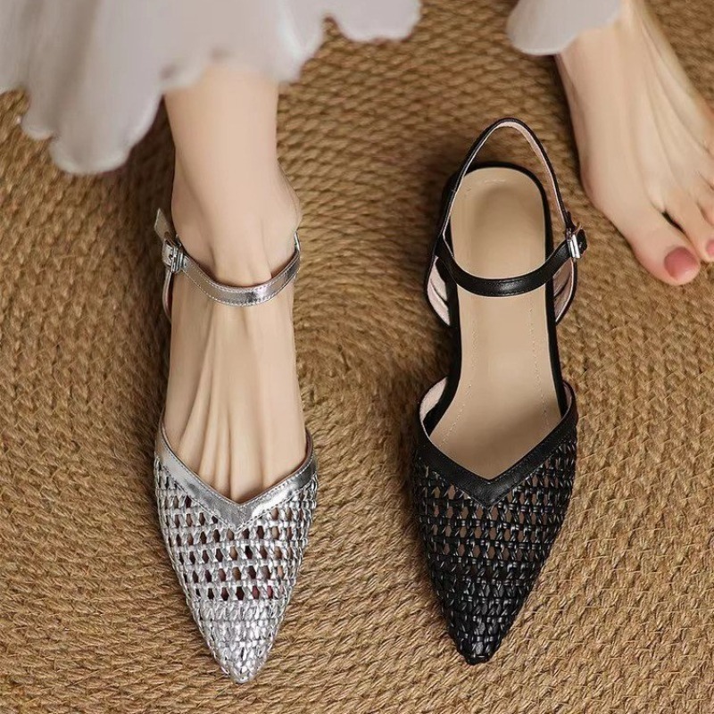 Casual Sandal Leather - French pointed-toe woven high-heeled sandals, breathable
