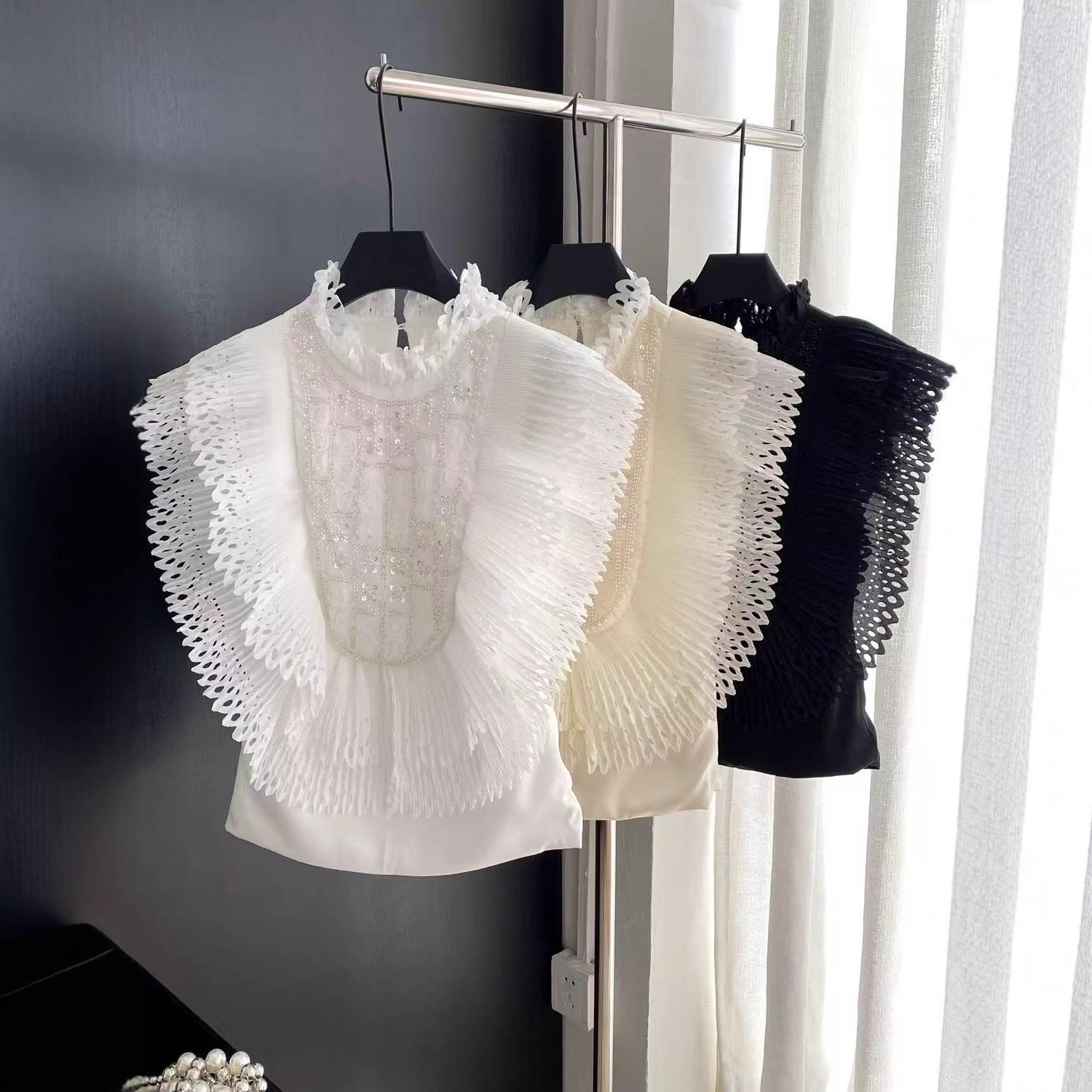 Shirt Camp Collar - Top Blouse Women Sleeveless Ruffled Pleating