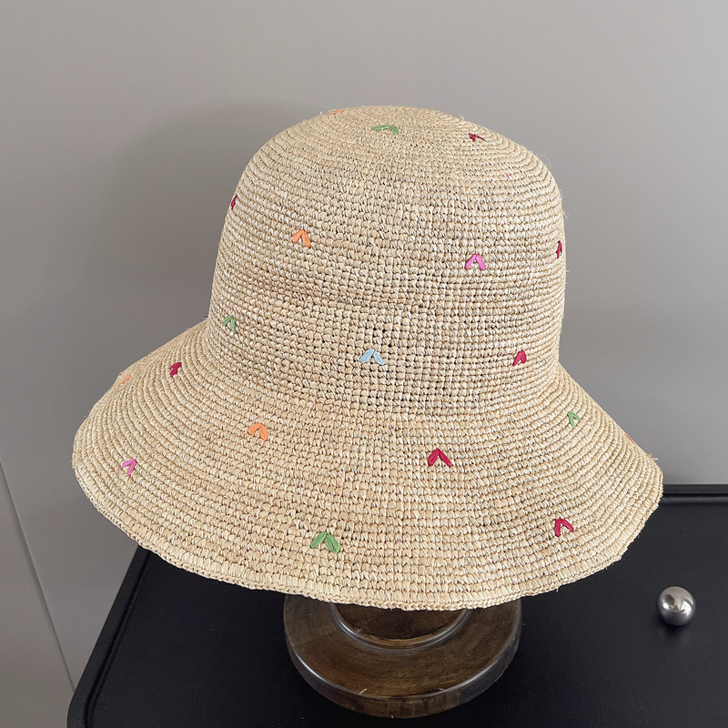 Women Embroidery Heart Raffia  - đánh giá và giá Bucket Hat Straw