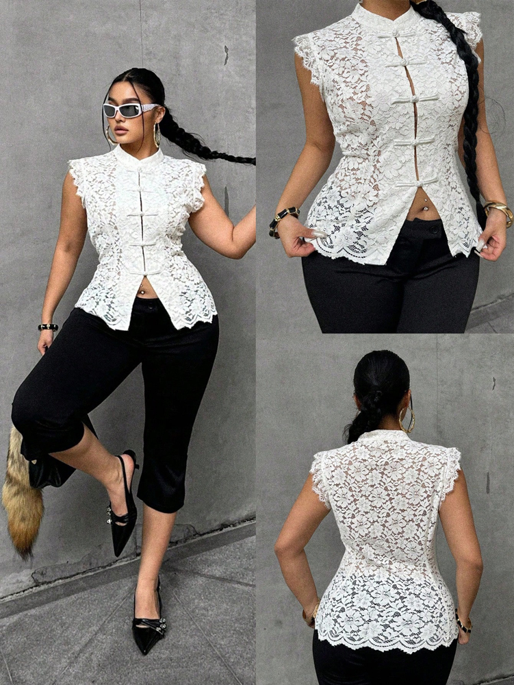Plus Size Elegant Lace Blouse, - đánh giá và giá Shirt Camp Collar