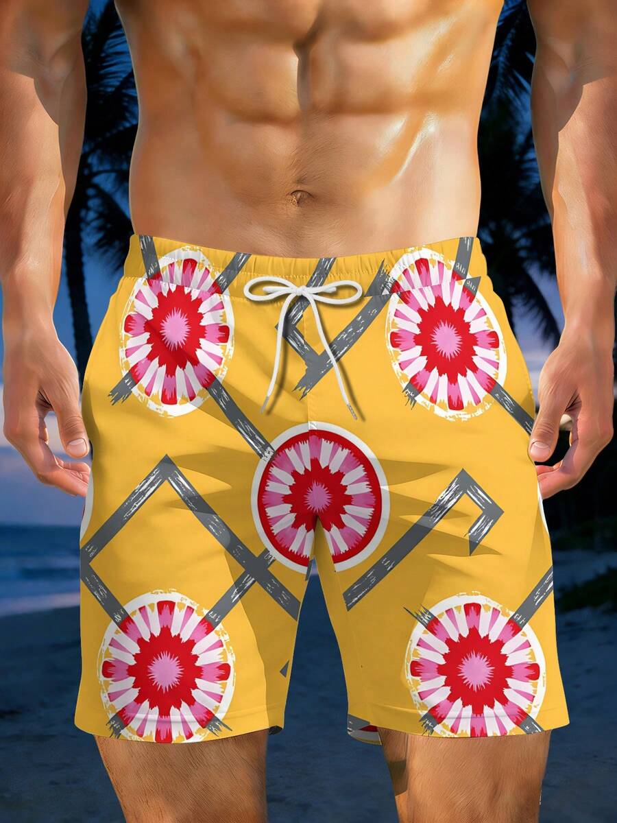 Mens Geometric Floral Print Be - đánh giá và giá Swim Trunk Quick Dry