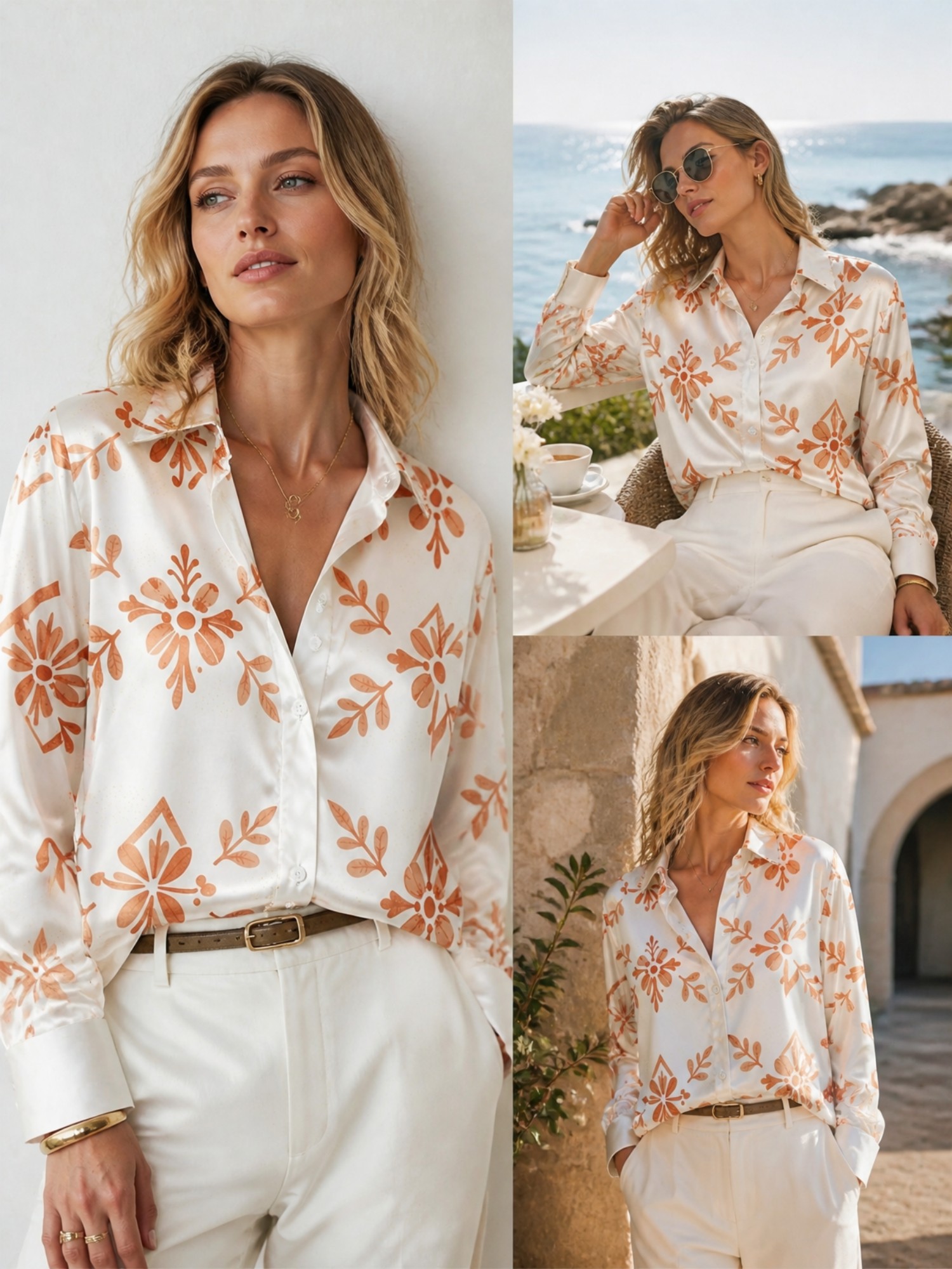 Cream Orange Floral Satin Blou - đánh giá và giá Resort Shirt Floral