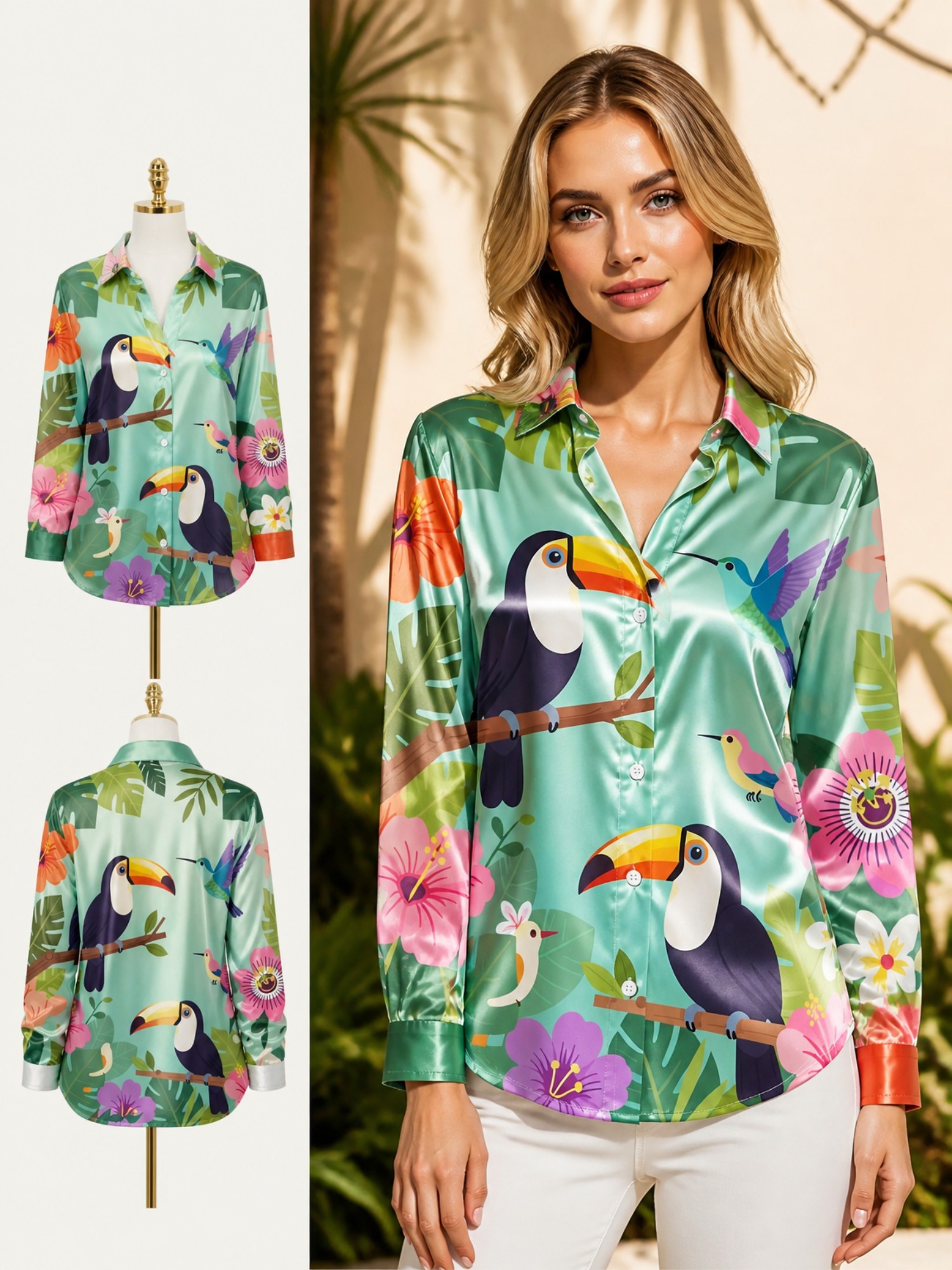 Mint Toucan Satin Button Shirt - đánh giá và giá Resort Shirt Floral