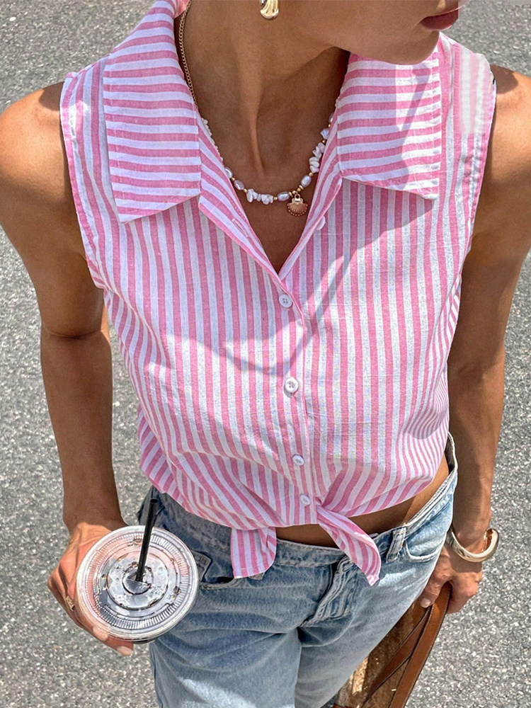 Pink White Striped Sleeveless  - đánh giá và giá Shirt Camp Collar