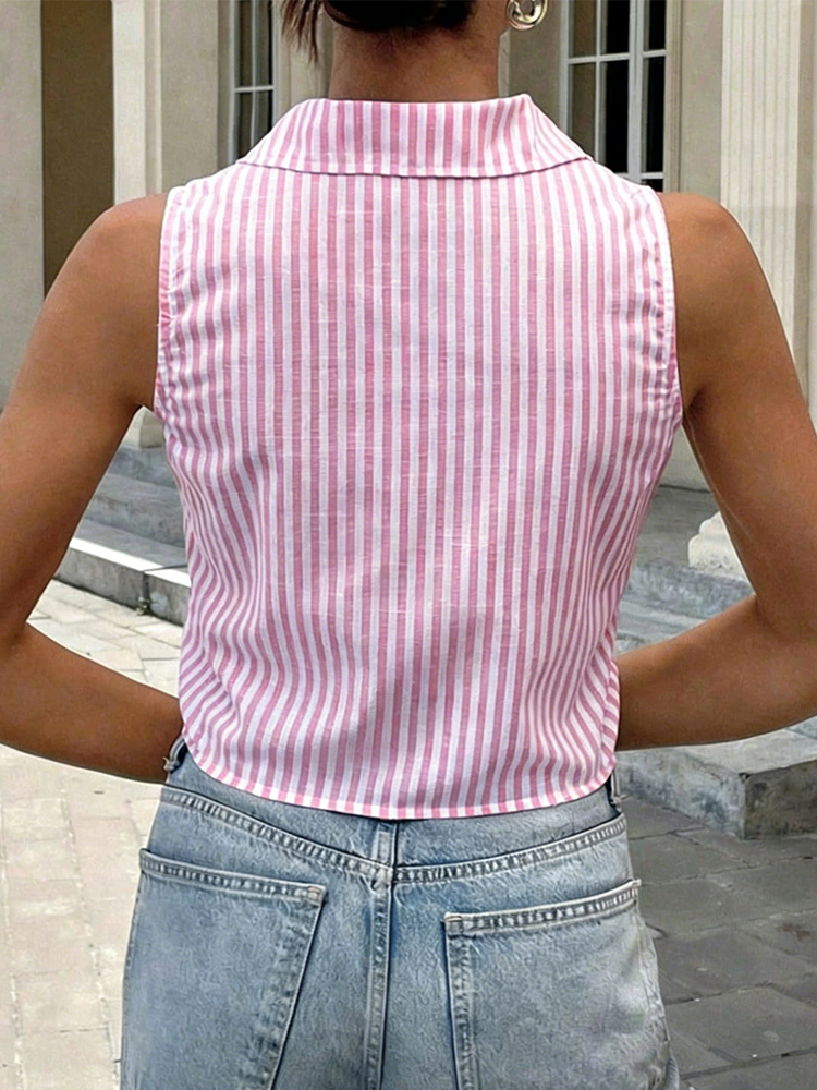Pink White Striped Sleeveless  - đánh giá và giá Shirt Camp Collar