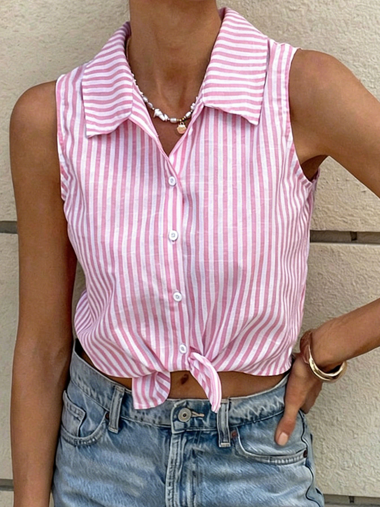 Pink White Striped Sleeveless  - đánh giá và giá Shirt Camp Collar