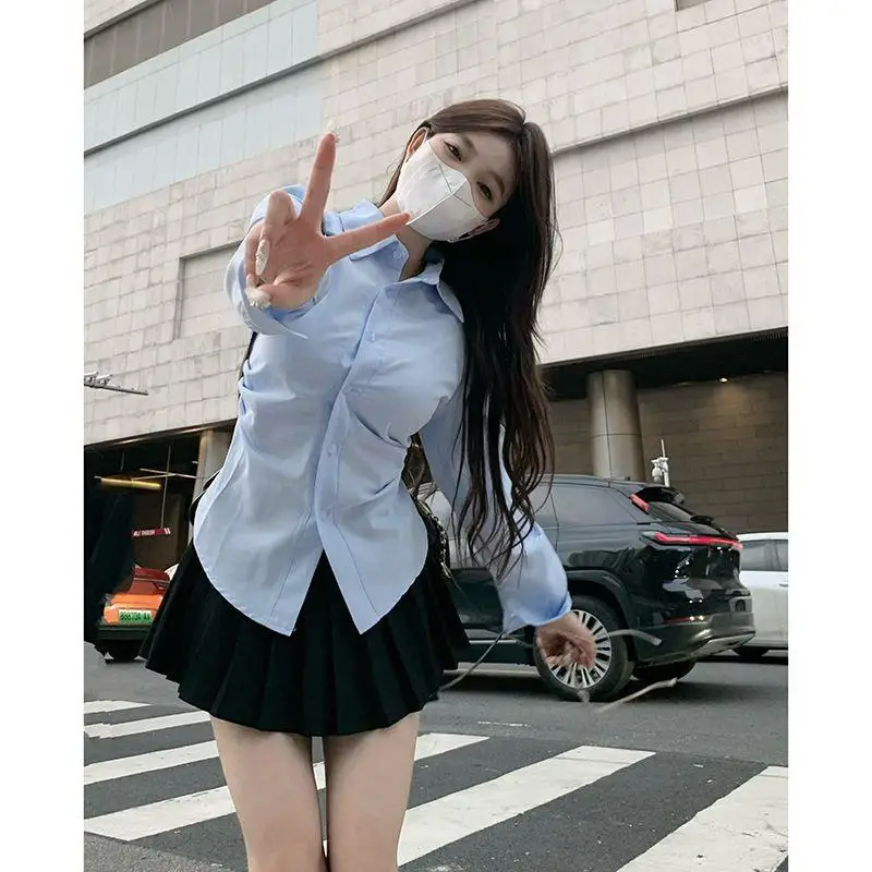 Women Blue Waist Fitted Shirt  - đánh giá và giá Shirt Camp Collar