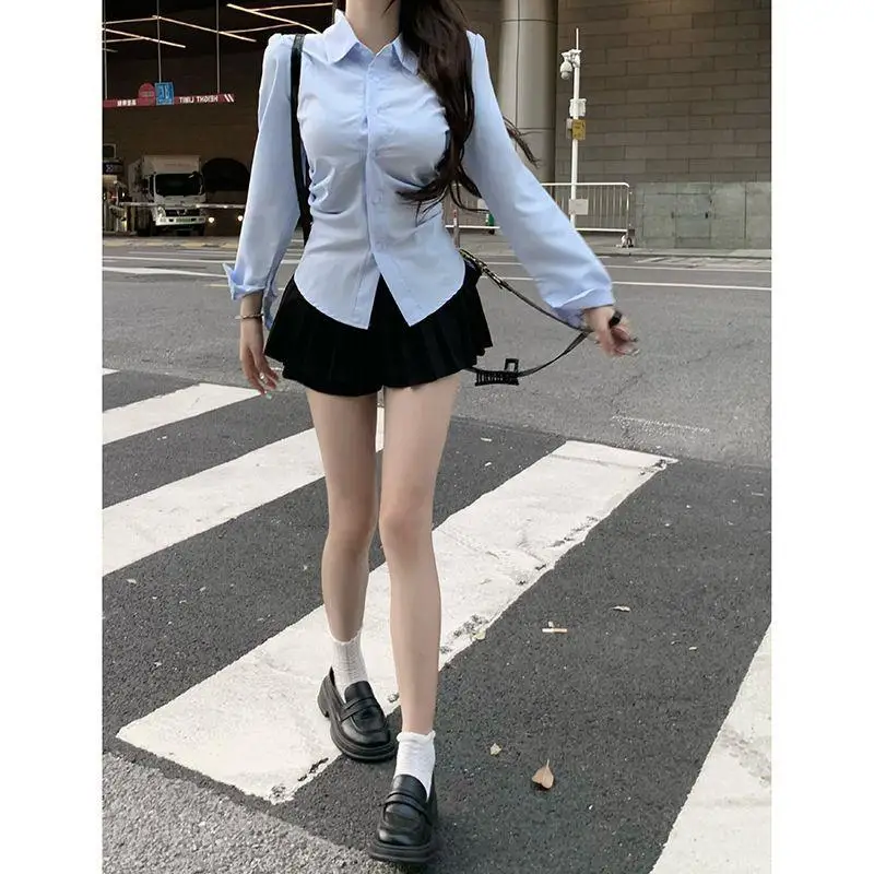 Women Blue Waist Fitted Shirt  - đánh giá và giá Shirt Camp Collar