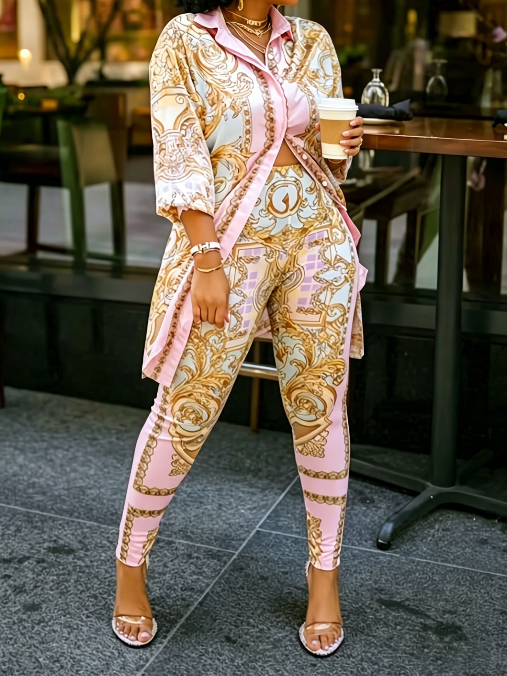 Women 2 Piece Set Ornate Print - đánh giá và giá Shirt Camp Collar